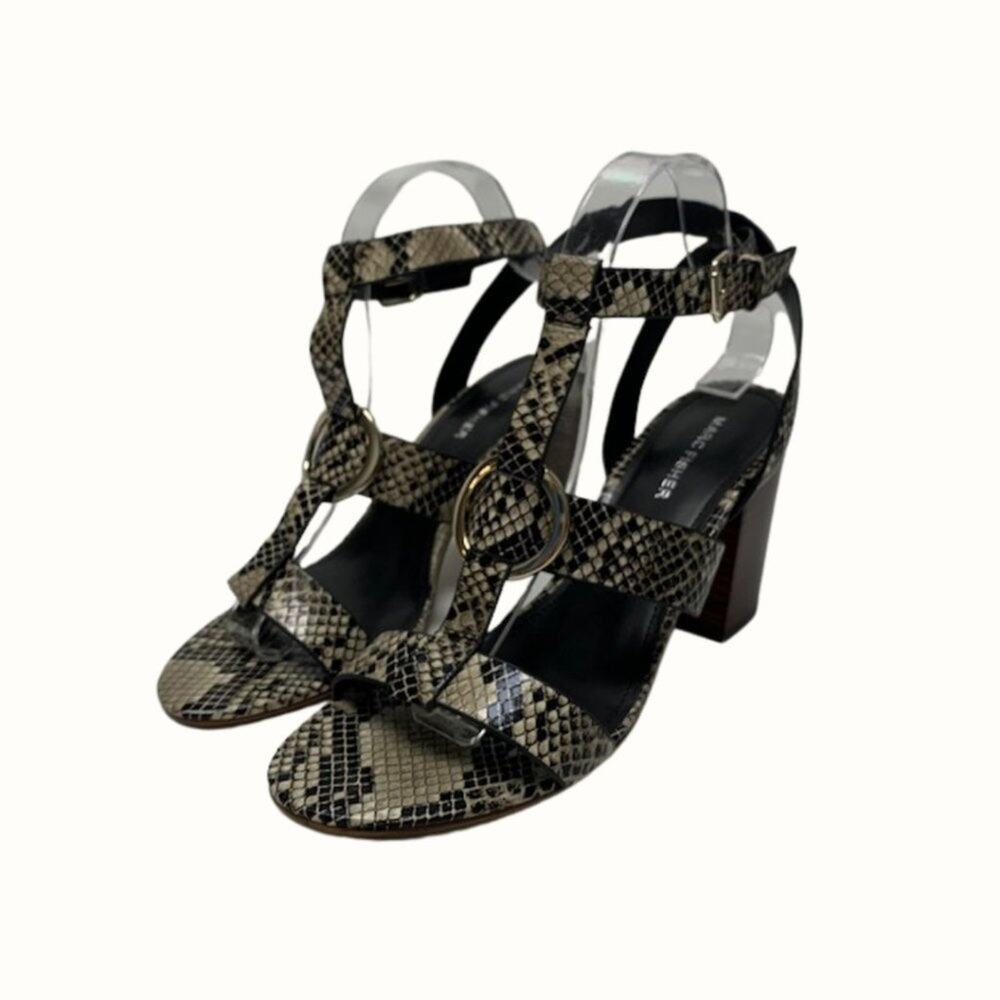 MARC FISHER Black Walinda City Snake Print Block Heel Sandal | 9M